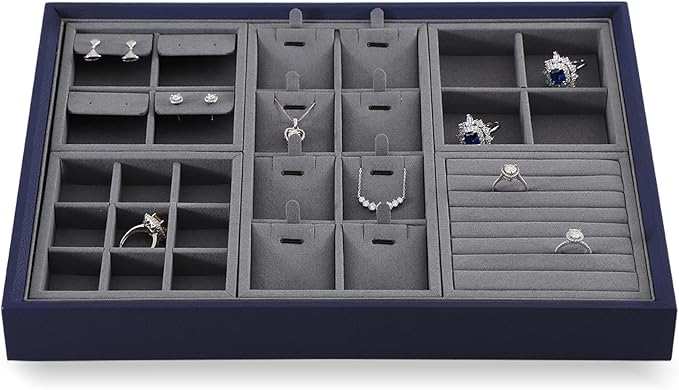 Dark Blue Jewelry Display Tray Ring Necklace Earring Bangle Organizer Multifunctional Storage Case for Jewelry Showcase (Small 9 Grids Tray)