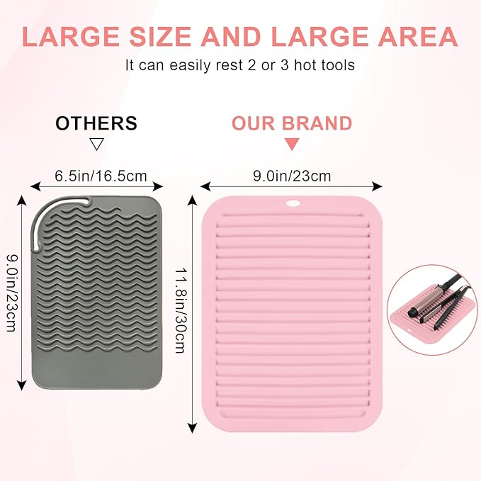 Large Silicone Heat Resistant Mat, Professional Hot Hair Tools Mat for Curling Iron, Flat Iron, Hair Straightener, Portable Hot Pad Cover with Velcro for Travel Home Salon(11.8" x 9.0")