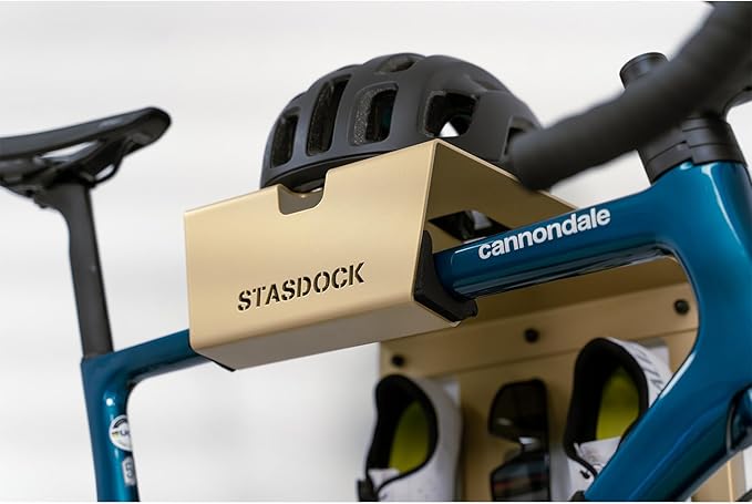 Stasdock Wall Bike Rack | Bike Storage Wall Mount System | For Race Bicycles (New Gold) and Mountain Bikes | Bike Shelf | Indoor bike wall bracket | Store your helmet and shoes | Home and Garage