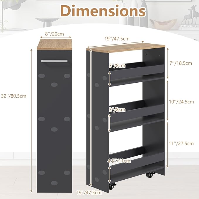 Slim Rolling Storage Cart, 4 Tier Narrow Kitchen Cart with Wheels, Between Washer and Dryer Cart, Wood Shelving Unit Organizer w/Handle for Small Spaces (Grey & Natural, 8-Inch)