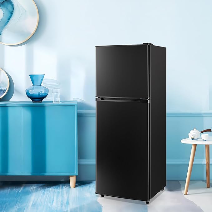 5.0 Cu.ft Refrigerator with Freezer Small Fridge Drink Holder Double Door Refrigerator Adjustable Glass Shelves for Home,Apartment,Office Black