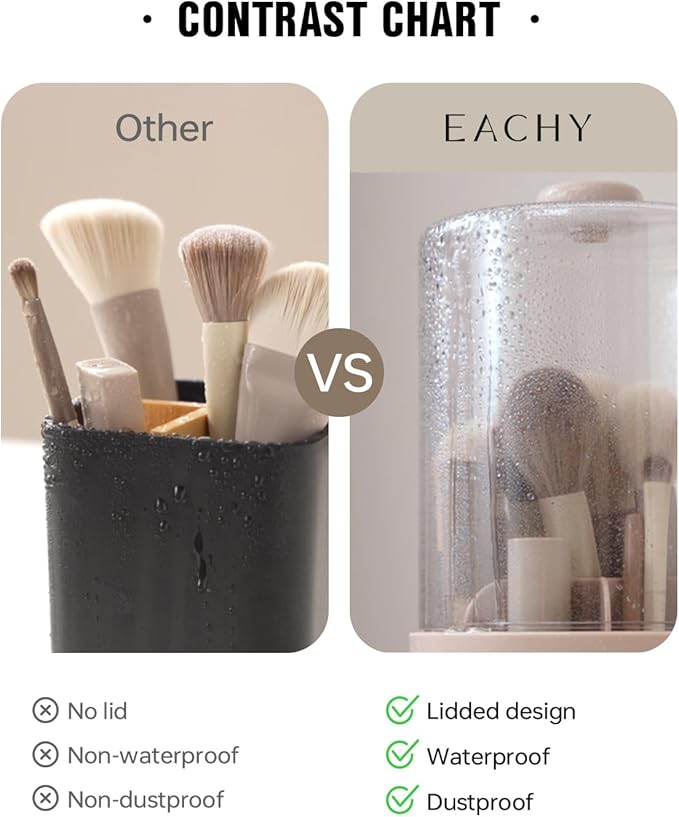 EACHY Makeup Brush Holder 360° Rotating with Dustproof Lid, Waterproof Material, 7 Compartments for Organized Storage, Stylish and Durable Design for Vanity (Beige)
