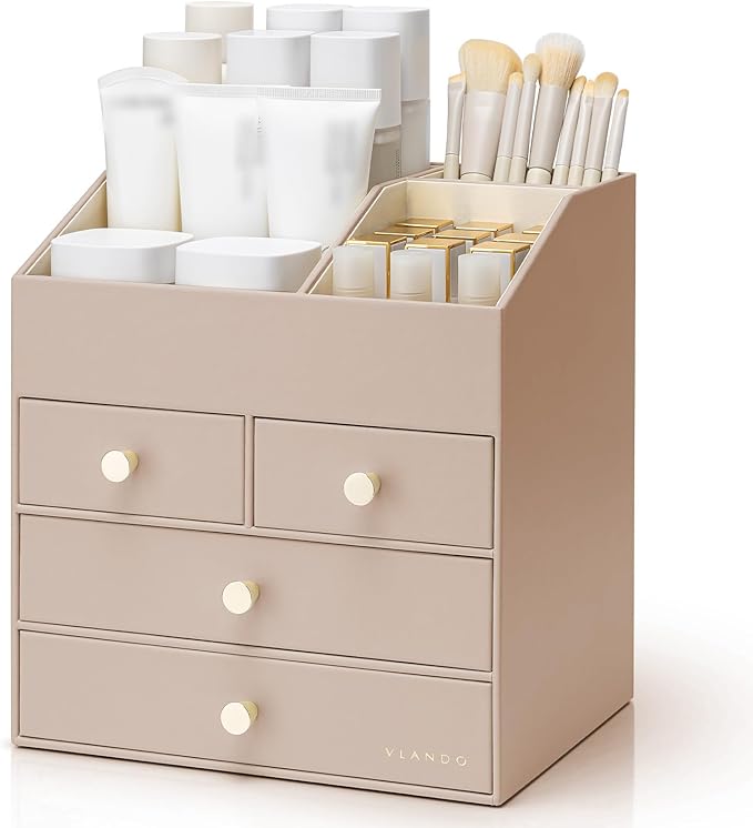 Vlando Makeup Organizer Countertop,Large Vanity Organizer PU Leather Make up Storage with 4 Drawers Skin care Organizer Cosmetic Display Case for Lipstick,Brushes,Bedroom-Toffee