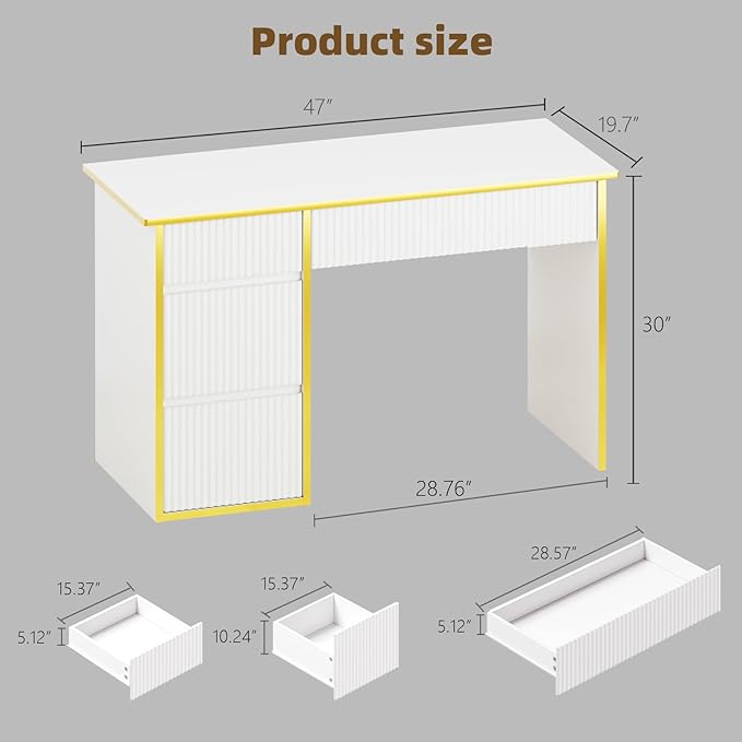 4 EVER WINNER White Desk with Drawers with Hidden Handle, 47 Inch Computer Table with Storage File Cabinet, Wood Desks with Drawers Vanity Writing Table for Study, White and Gold Desk