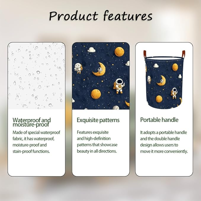 Laundry Baskets 15.7x19.7 Inch Large Astronaut Moon Star Space Design Collapsible Laundry Hamper with Handles Oxford Fabric Clothes Storage Bin Foldable Dirty Clothes for Bedroom Bathroom Dorm