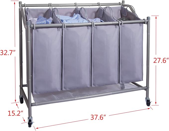 Laundry Sorter Cart 4-Bag Classics Rolling Laundry Hamper, Sturdy Frame with 60KG Weight Capacity, Gray