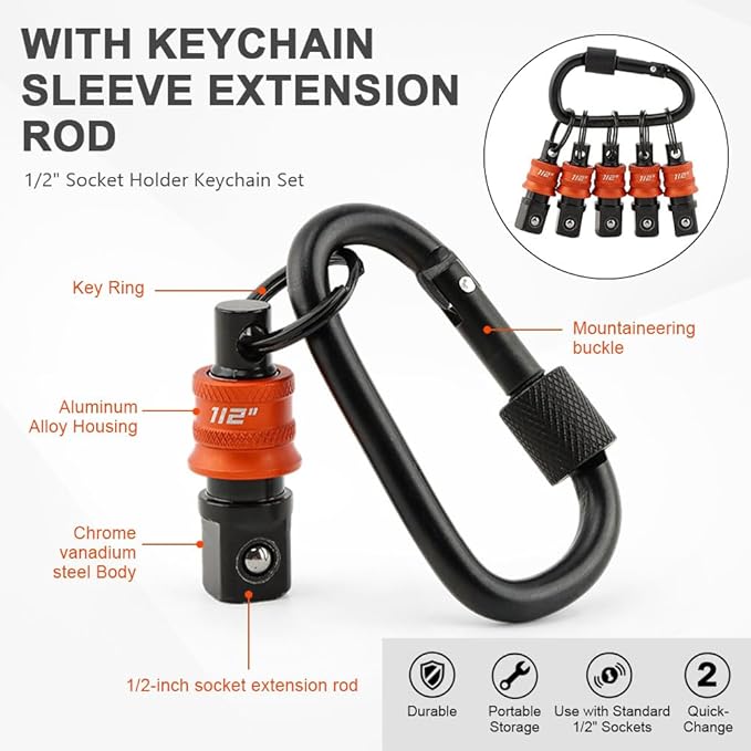 5Pcs Socket Holder Key Chain, 1/2" Drive Socket Organizer Keychain Quick Release Design with Carabiner, Impact Wrench Accessories for Lineman, Electricians, Construction Crews(SIZE:1/2inch)