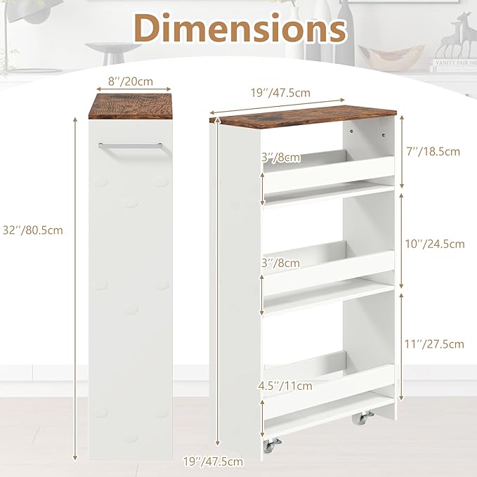 Slim Rolling Storage Cart, 4 Tier Narrow Kitchen Cart with Wheels, Between Washer and Dryer Cart, Wood Shelving Unit Organizer w/Handle for Small Spaces (White & Rustic Brown, 8-Inch)