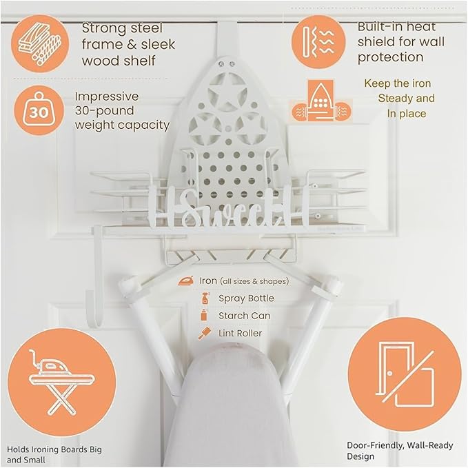 Farmhouse Ironing Board Hanger Wall Mount or Over the Door - Universal Laundry Room Ironing Board Holder Caddy with Iron Holder Shelf - Adjustable Hooks to Hold Ironing Boards Large & Small - White