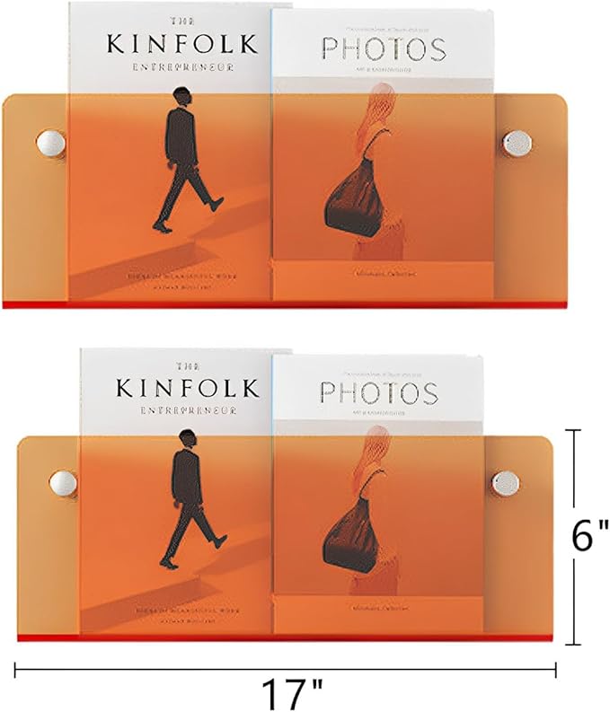 ROYALITA 2-Pack Acrylic Magazine Holder Brochure Holder, 17" Record Holder Magazine Rack, Fashion Hanging Bookshelf Literature Storage Rack for Waiting Room, Living Room, Office, Orange 17 Inch