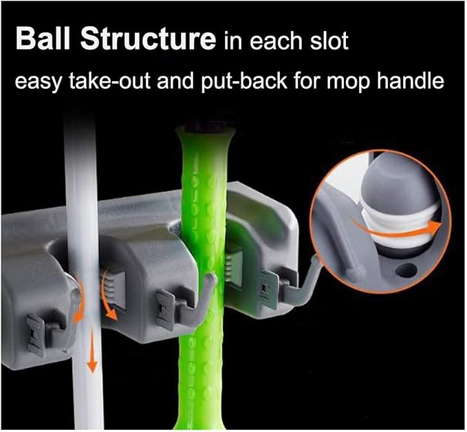 16 Inch Broom Holder Wall Mount with 6 Hooks, ABS Plastic Mop and Tool Organizer Rack for Garage Kitchen Laundry Room