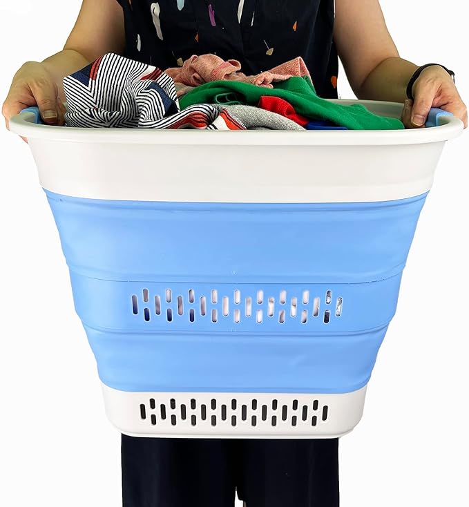 SAMMART 40L (10.5 Gallon) Collapsible Plastic Laundry Basket - Foldable Pop Up Storage Container/Organizer - Portable Laundry Hamper - Space Saving (1, Grey/Little Boy Blue)