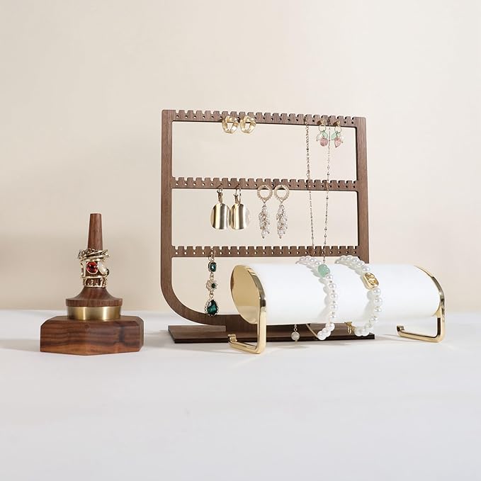 GemeShou wooden hanging jewelry organizer, walnut jewelry display holder for selling, dangle necklace storage shelf, 3 tier earring display stands for selling【Jewelry shelf-3 tier】