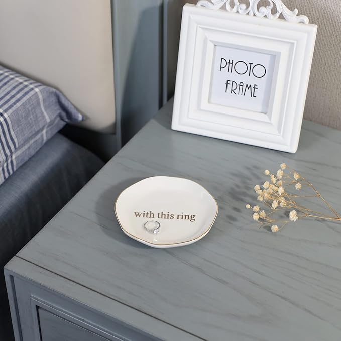 Engagement Wedding Ring Dish-With This Ring Jewelry Dish Tray-Gifts for Bride, Bride to be, Newlyweds, Ceramic White