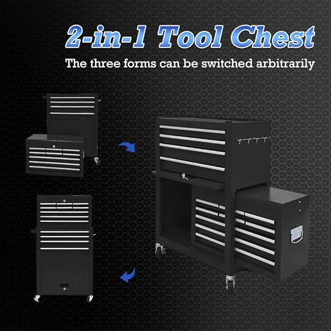13-Drawer Rolling Tool Chest,Tool box with Wheels, Tool Cabinets with Drawers, Top Detachable Tool Chest with Hooks Handles for Workshop Mechanical Garage - Black