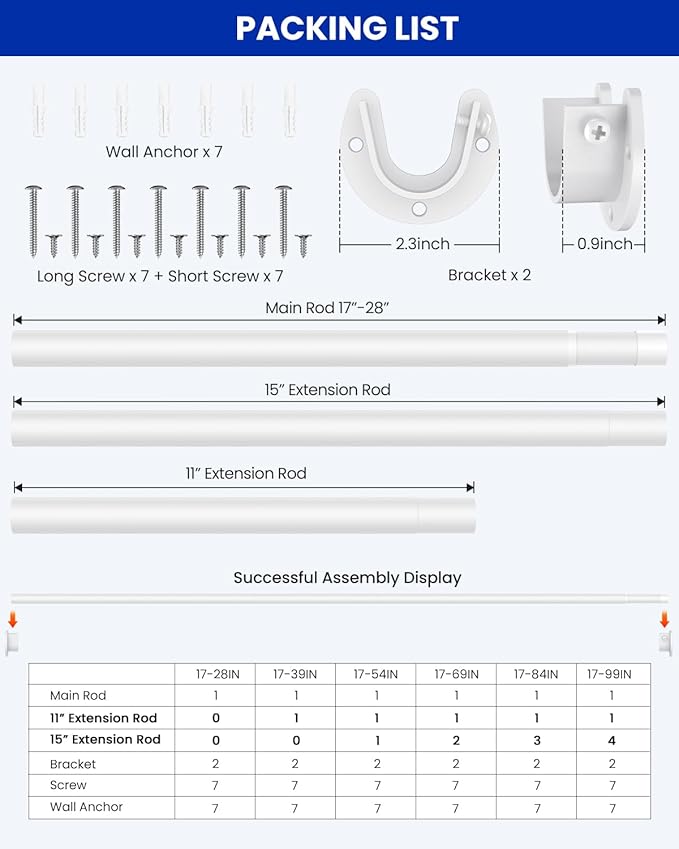 Closet Rods for Hanging Clothes, 17 to 99 Inches Stepless Adjustable Metal Closet Rod, 1.3 Inches Heavy Duty Clothes Hanging Rod for Closet Wardrobes Laundry RV, White