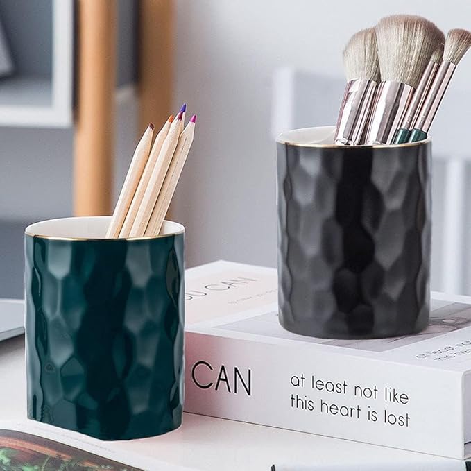 HANKOR Ceramic Pen Holder Cup Pencil Holder for Desk, Makeup Brush Holder Organizer for Office Home (Green)