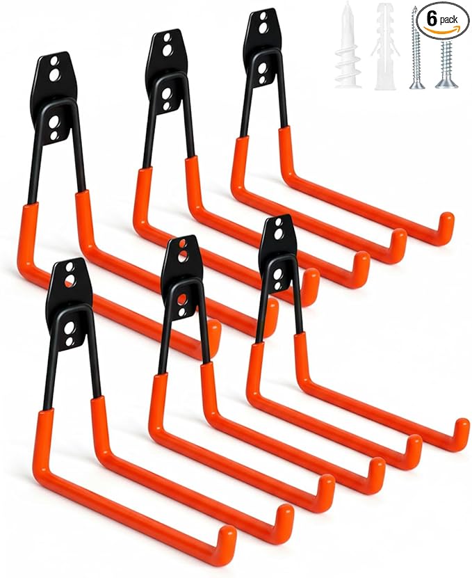 WMK 7.3'' Garage Hooks Heavy Duty Wall Hook, 6 Pack Garage Storage Hook, Wall Mount Utility Garage Hooks for Hanging Tools Bike Ladder (Orange)