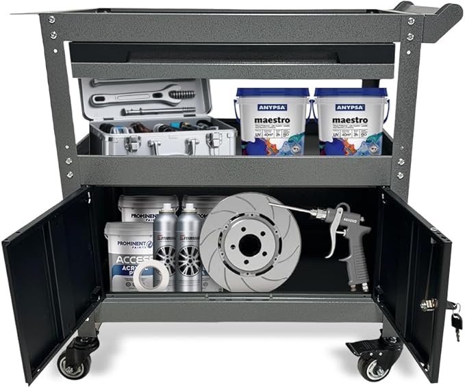 3 Tier Steel Rolling Cart for Tool Organizer, Industrial Grade Utility Service Carts with Drawer & Storage Lockable Cabinet, for Workshop Repair Shop Garage