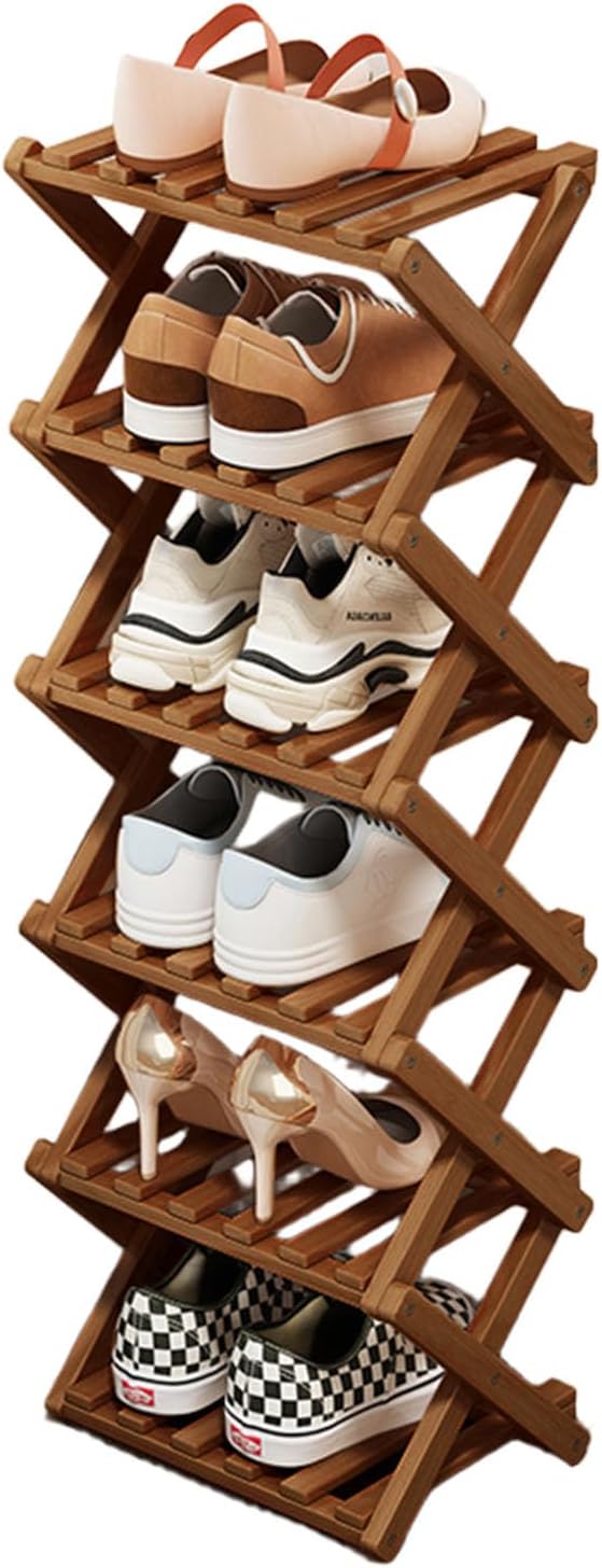 Comeon Bamboo Shoe Rack, Foldable Vertical Shoe Rack for Front Door Entrance Narrow Shoe Organizer Small Shoe Shelf for Entryway Shoe Storage Closet Multi-Tier (Brown Colors,6 Layers)