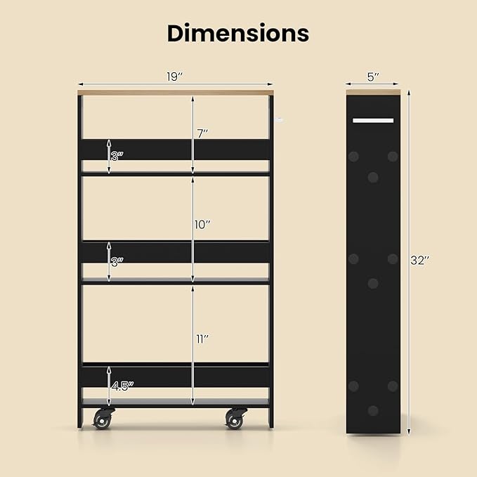 Small Kitchen Cart, 4-Tier Slim Rolling Island w/Handle, Laundry Room Storage Organizers Between Washer and Dryer, Narrow Spice Rack on Wheels Next to Fridge (Black, 5'')