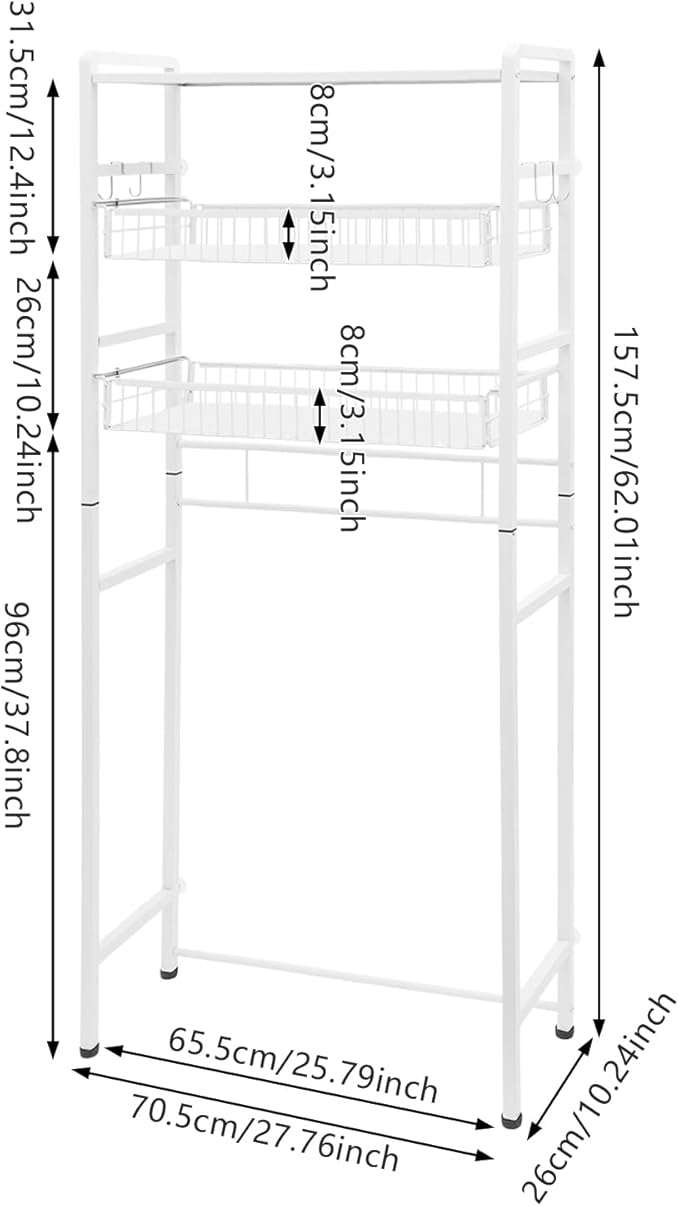 Over Washer and Dryer Storage Shelves, 3-Tier Washing Machine Organizer Rack with Height Adjustable Shelf for Laundry Room Bathroom Garage, W27.8*D10.2*H62in, White