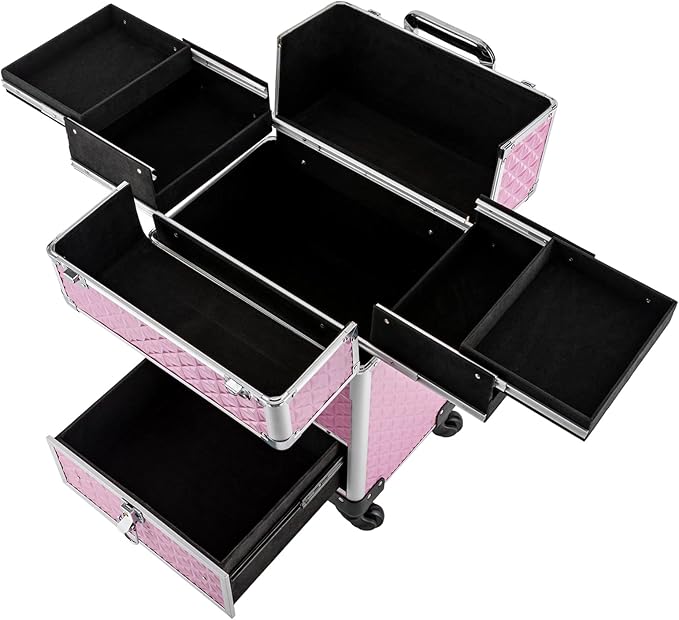 Rolling Makeup Case, Nail Storage Box with Wheels Portable Makeup Trolley for Beauty Studio Hairdressers Nail Technician (Pink)