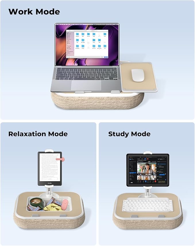 Viozon Kindle Pillow Stand Holder, Phone Holder for Bed, Laptop Lap Desk with Mouse Pad,Compatible with 4.7-13" Kindle/Tablet/Phone,10-15" Laptop, Snack Bowl&Cup Attachment&Detachable 360° Stand Arm