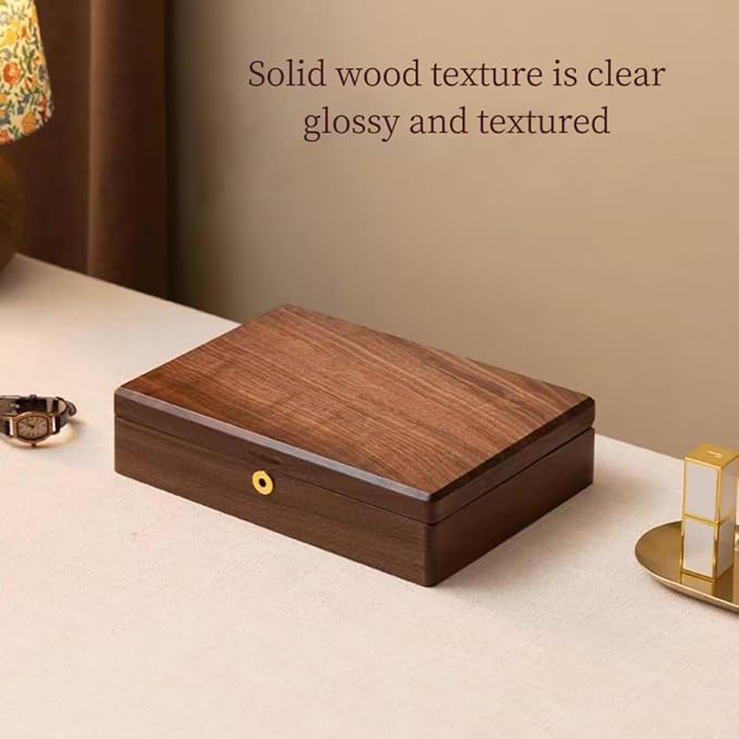 Bescott 2 Layers Solid Black Walnut Wooden Jewelry Box for Women with Lock and Key Wood Vintage Organizer for Men Earrings Rings Necklaces Bracelet Storage Mother's Day Gift