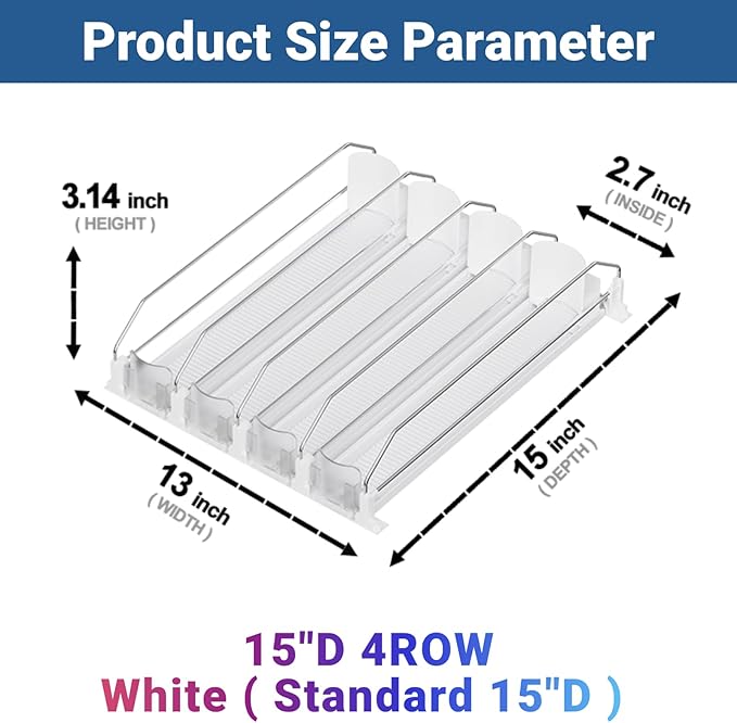 Drink Organizer for Fridge,12oz 16oz 20oz - Soda Can Dispenser for Refrigerator,Width Adjustable,Automatic Pusher Glide,15"D,White,4 ROW,Holds 20 Cans