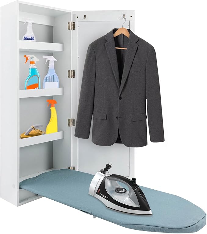 Wall Mounted Ironing Board with Storage Cabinet Built in Swivel Ironing Board with 3Tier Shelf & Dressing Mirror for Home Apartment & Small Spaces