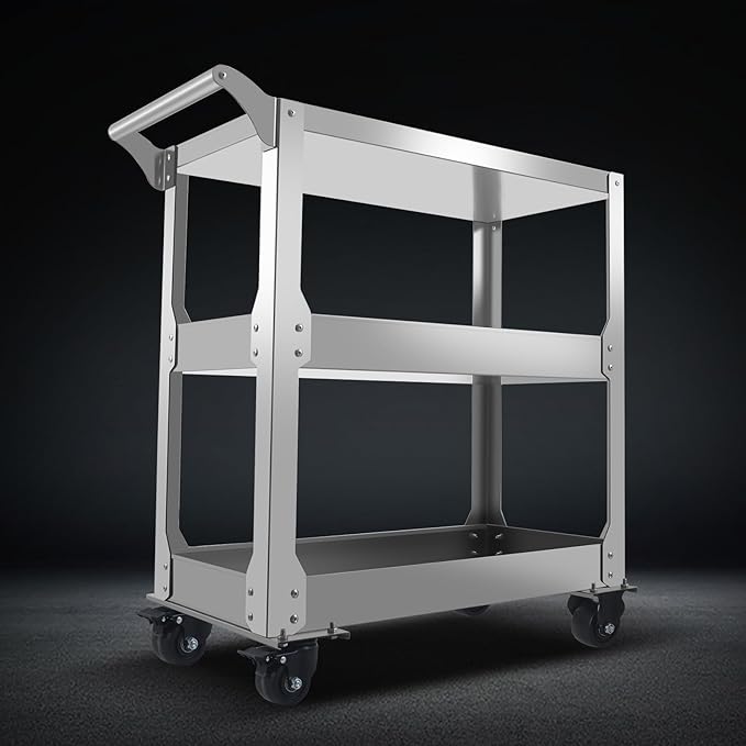 3-Tier Stainless Steel Utility Cart, 1000lbs Capacity with 360° Locking Casters, Heavy-Duty Rolling Cart for Garage, Workshop, Warehouse & Kitchen - Silver