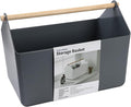 BLUE GINKGO Large Storage Basket – Plastic Caddy with Wooden Handle for Bathroom, Pantry, or Cleaning Supplies (Gray)