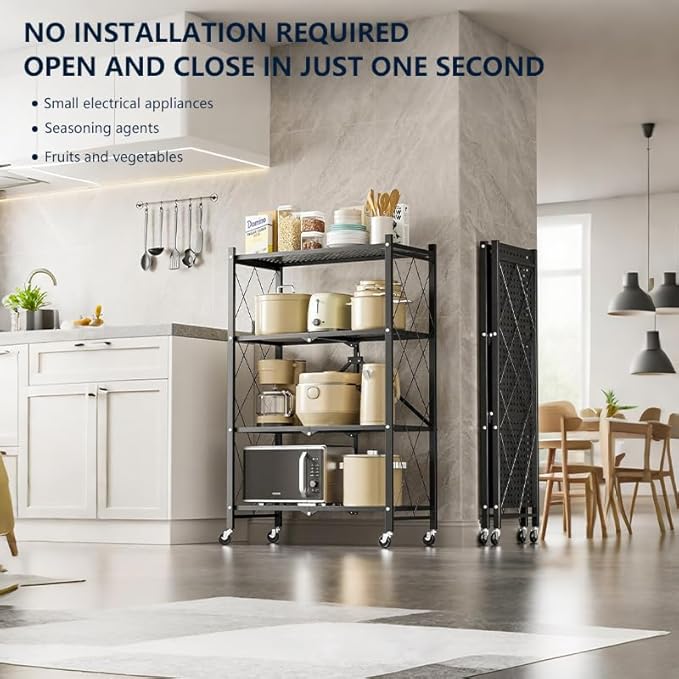 Foldable 4-Tier Metal Storage Shelf with Locking Wheels, Pre-Assembled Rolling Rack for Easy Setup, Space-Saving Organizer for Kitchen, Pantry, and Closet, 28.54" L x 14.17" W x 46.06" H
