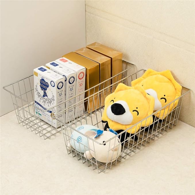 Wire Storage Baskets Freezer Organizing Bins Pantry Food Storage Organizer Metal Basket Wire Grid Design for Cabinets, Pantry, Closets, Freezer, Bedrooms,Kitchen, Set of 2, Chrome