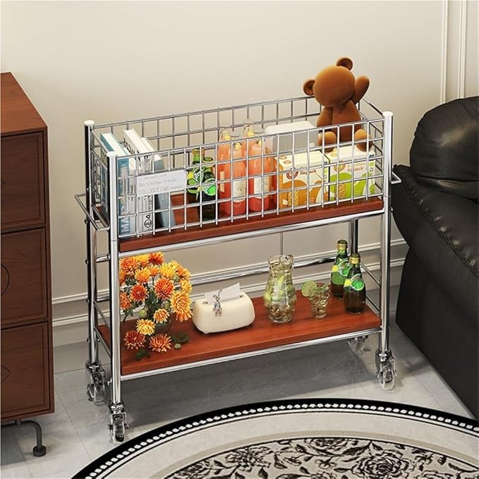 Slim Storage Cart with Wheels, 2 Tier Rolling Cart with Solid Wood Open Shelf, Space-Saving Snack Cart, Utility Cart for Kitchen, Bathroom, Living Room