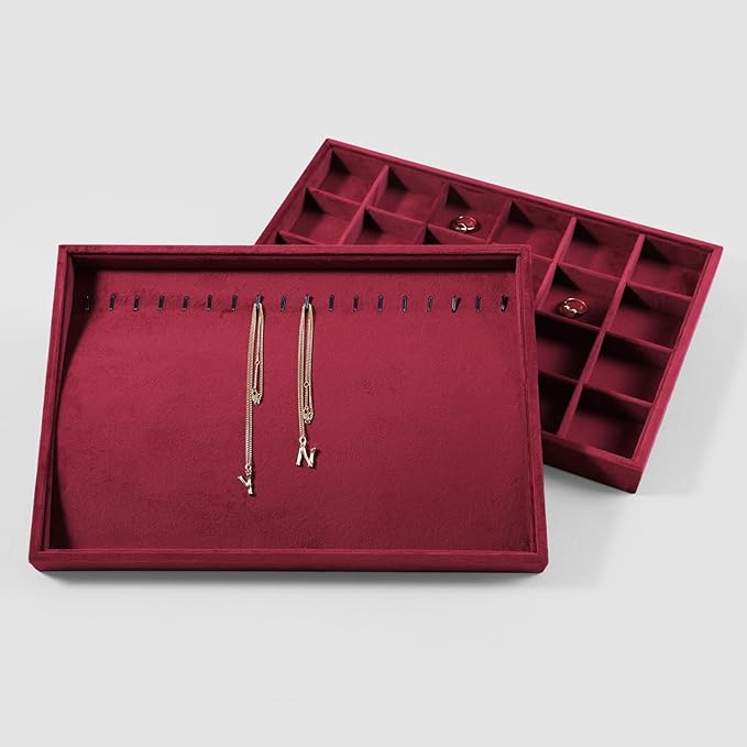 Velvet Jewelry Display Tray For Bracelet Pendant Necklace, Multi-Slot Stackable Storage Tray For Long Chain Jewelries, Drawer Insert Jewelry Organizer (Red)