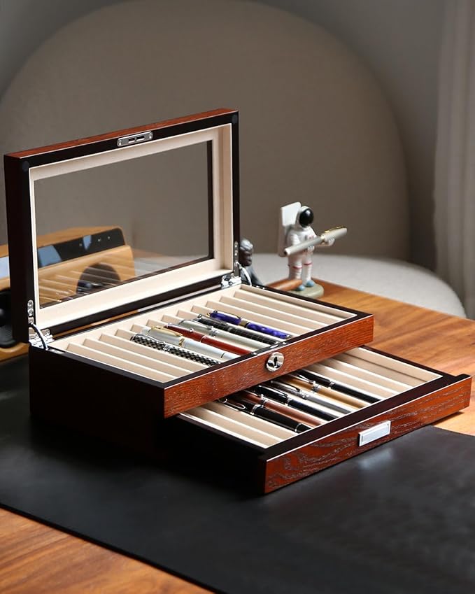 wood pen display case 24 slot Fountain pen Box storage Organizer with drawer, Top Glass Window Pen Collection Display Case