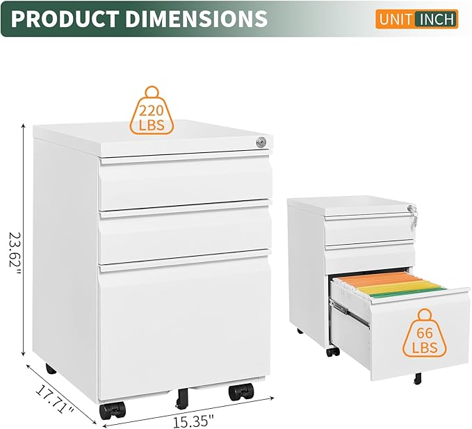 3 Drawer File Cabinet with Lock,Under Desk Rolling Small Filing Cabinet for Home Office Storage, Mobile Steel Cabinets with Wheels, Fully Assembled, White