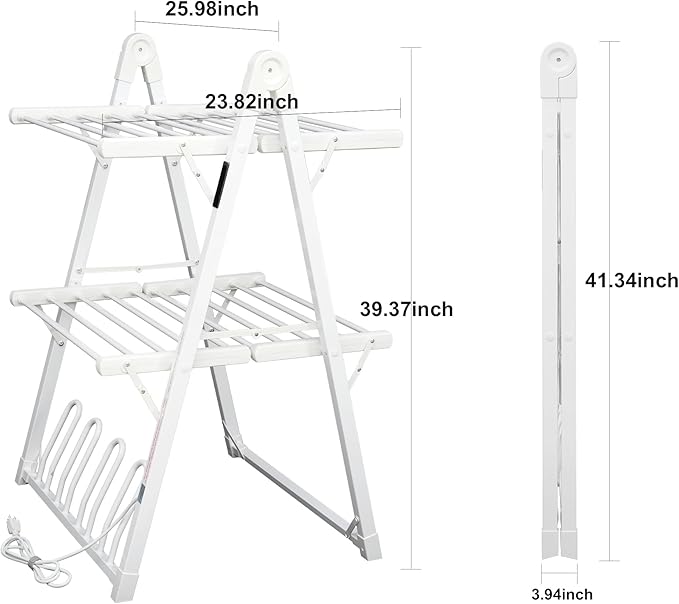 Electric Heated Clothes Drying Rack,Foldable Heated Garment Dryer with Timer Shut-Off Laundry Rack for Clothes Shoes Socks,Aluminum Alloy,White,Plug & Play,(39.37x25.98x23.82in)