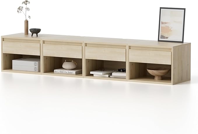 Floating Nightstand Set of 4, Wall Mounted Bedside Table with Storage Drawer and Open Shelf, Modern Night Stand withHandless Design for Living Room, Bedroom, Dorm, Light Oak