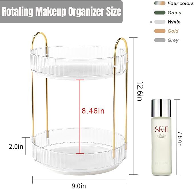 360 Rotating Makeup Organizer for Vanity, Bathroom Countertop Spinning Perfume Organizer, High-Capacity Cosmetic and Skincare Dresser Make Up Holder Rack (2 Tiers, White)
