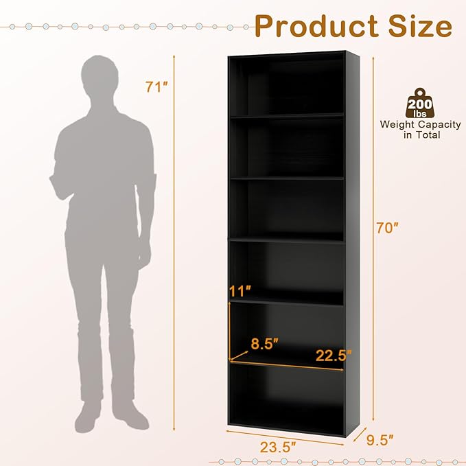 Tangkula 6-Tier Bookcase, 70” Tall Freestanding Bookshelf with 6 Open Shelves, Anti-Toppling Kits, Floor Display Storage Organizer for Living Room, Study, Kitchen, Home & Office (Black, 70" H)