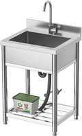 Stainless Steel Commercial Kitchen Sink, Free Standing, Single Bowl Sink Basin with Cold & Hot Water Faucet, Indoor and Outdoor Sink, 21.7 in