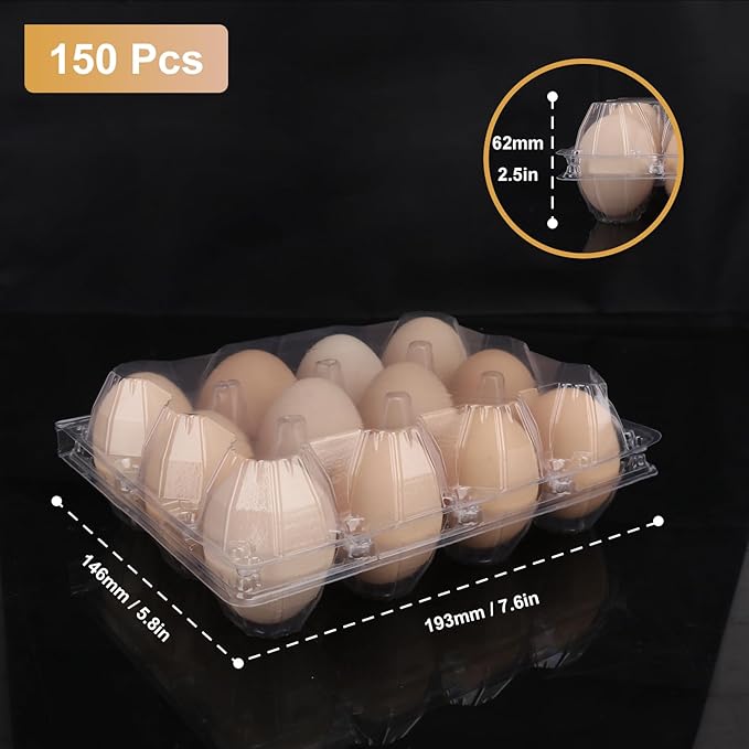 150 Pack Bulk Egg Cartons, Clear Plastic Chicken Egg Holders, Egg Tray Carton Holder for Home & Kitchen, Farm & Market Use, An Eco-Friendly Egg Storage Solution, 12 Grids