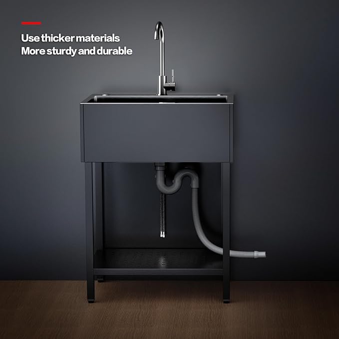 26" Freestanding Stainless Steel Utility Sink, Single Bowl Kitchen Sinks w/Storage Shelve, Black Heavy Duty Sinks with Cold & Hot Water Pipe for Commercial Laundry Room Farmhouse, 12-Gallon Basin