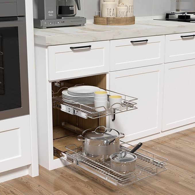 OCG 2 Tier Pull Out Cabinet Organizer (18.5" W x 21" D), Pull Out Drawers for Kitchen Cabinets, Pull Out Shelves for Base Cabinet Organization in Kitchen Bathroom Pantry, Chrome Finish
