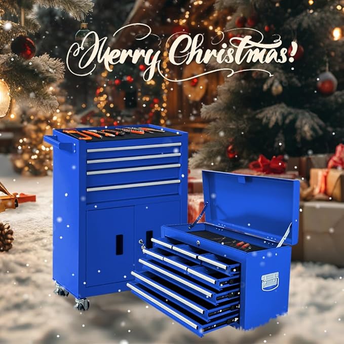 13-Drawer Rolling Tool Chest with Double Doors, 2 in 1 Detachable Rolling Tool Chest Combo, Mobile Tool Cabinet with Drawers, Metal Large Lockable Tool Box for Garage Workshop (Blue)