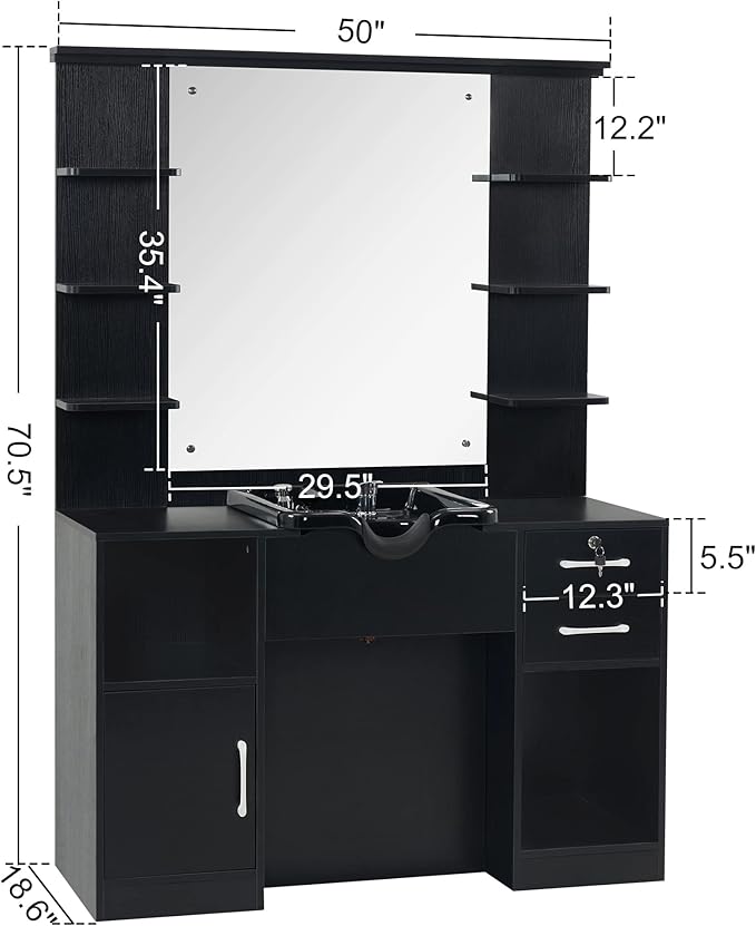 BarberPub Wall Mount Storage Station with Mirror Shampoo Bowl High-end Styling Beauty Salon Furniture Set 3145 (Black)