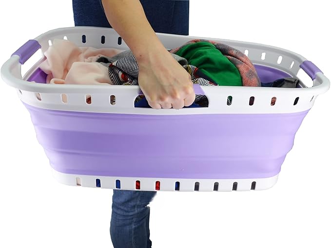 SAMMART 44L (11.62 gallon) Collapsible Plastic Laundry Basket - Foldable Pop Up Storage Container/Organizer - Portable Washing Tub - Space Saving Hamper/Basket (1, White/Lt. Purple)